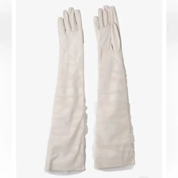 LaMarque Marilyn faux leather tulle gloves bone cream elbow length Revolve